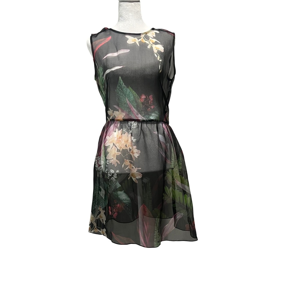 100% Silk Sheer Tropical Floral Dress • Made in Brazil • Size M (US 4/6)
